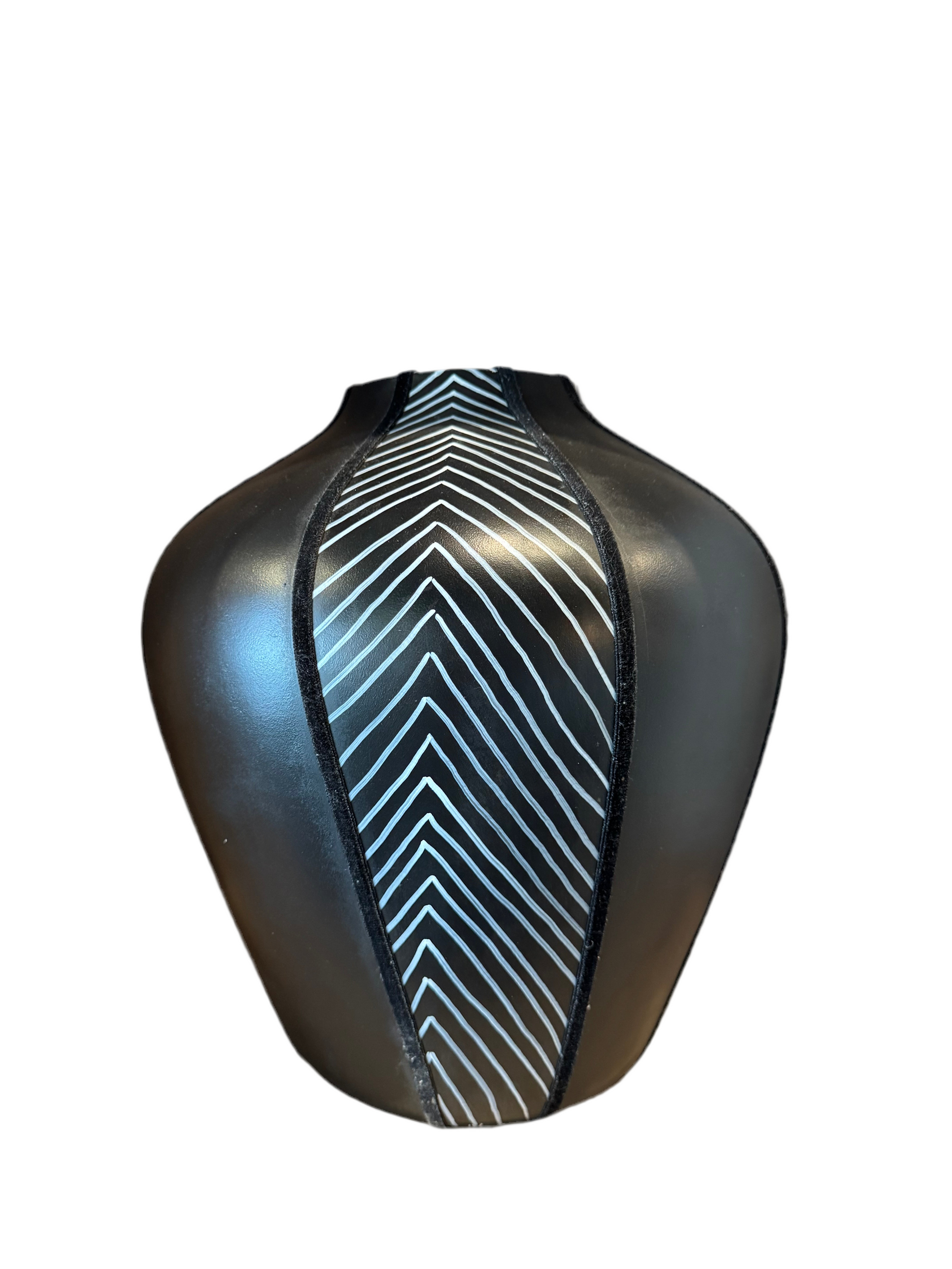 Chevron suede vase by Stone Textile Studio showing a stylish ceramic vase with a chevron pattern and suede finish.