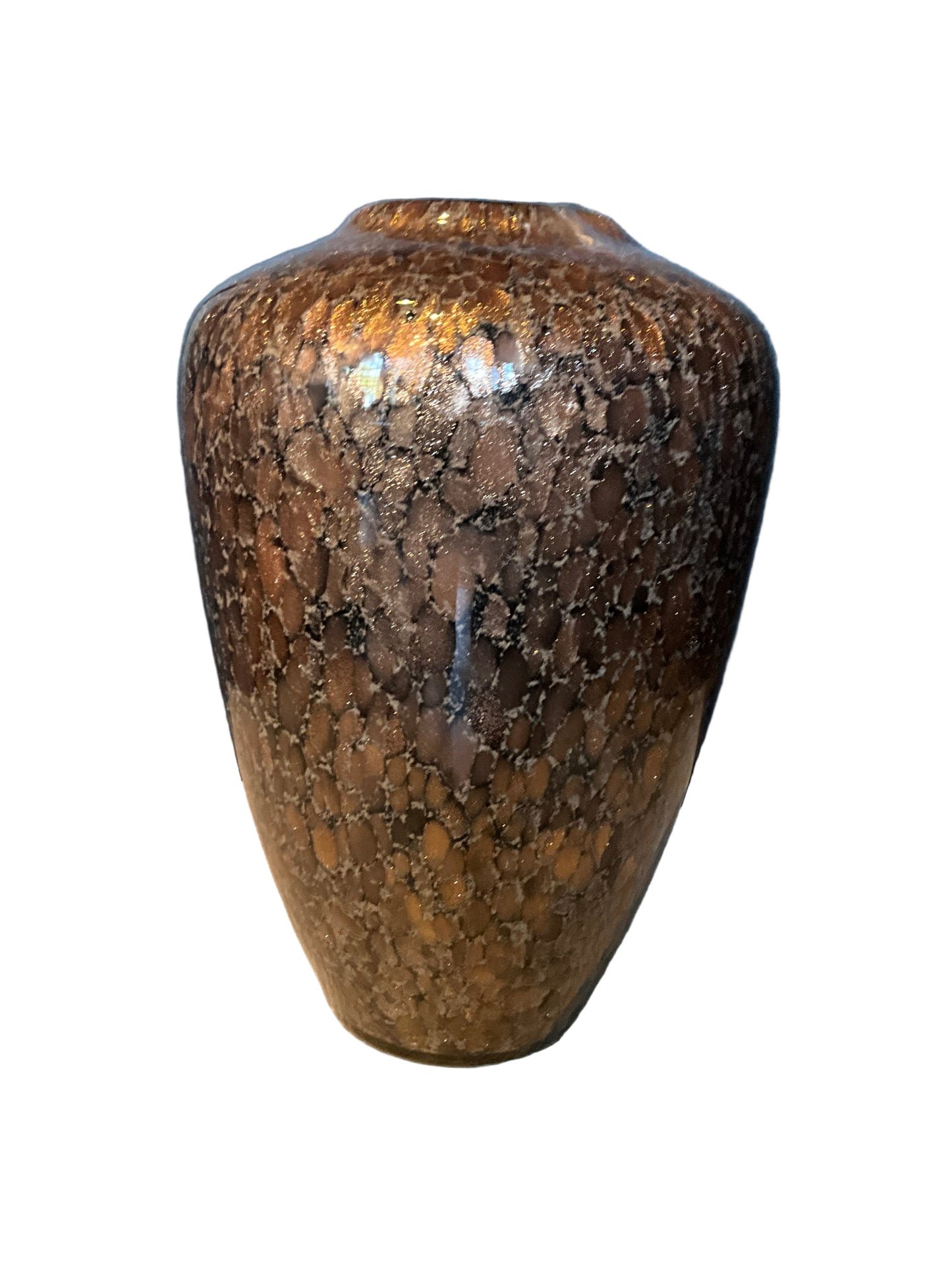 Sparkly brown blown glass vase by The Vault Creative with a smooth, rounded shape and shimmering surface.
