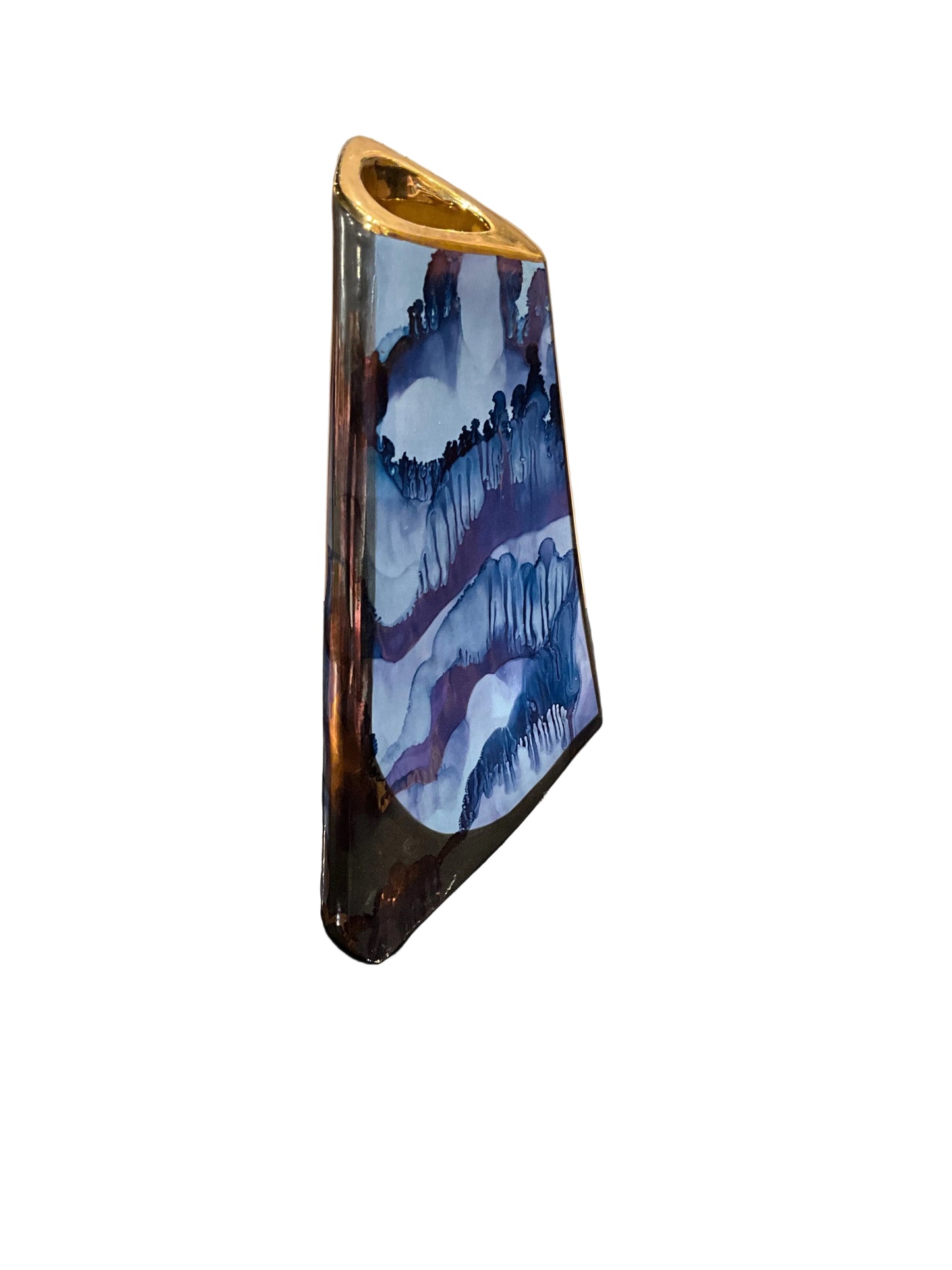 Purple, blue, and gold decorative vase by The Vault Creative with intricate patterns and glossy finish.