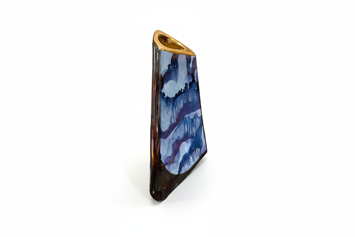Purple, blue, and gold decorative vase by The Vault Creative with intricate patterns and elegant design.