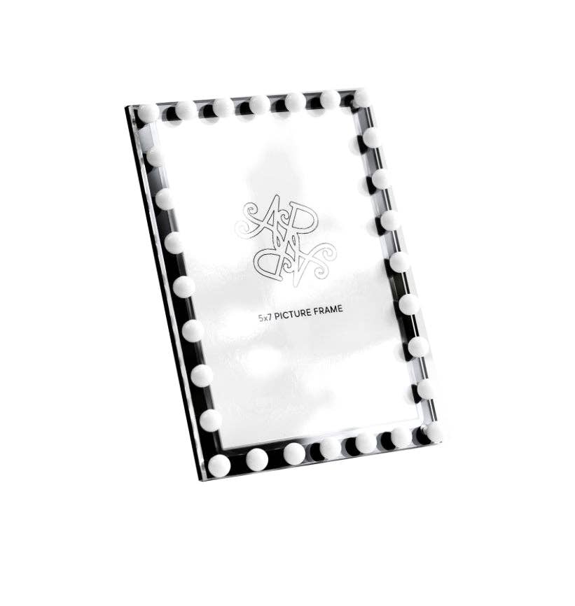 Black and white beaded photo frame by Allison Pearl Design, featuring intricate bead details and a classic rectangular shape.