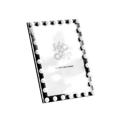 Black and white beaded photo frame by Allison Pearl Design, featuring intricate bead details and a classic rectangular shape.