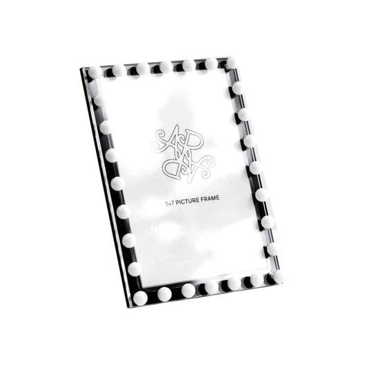 Black and white beaded photo frame by Allison Pearl Design, featuring intricate bead details and a classic rectangular shape.