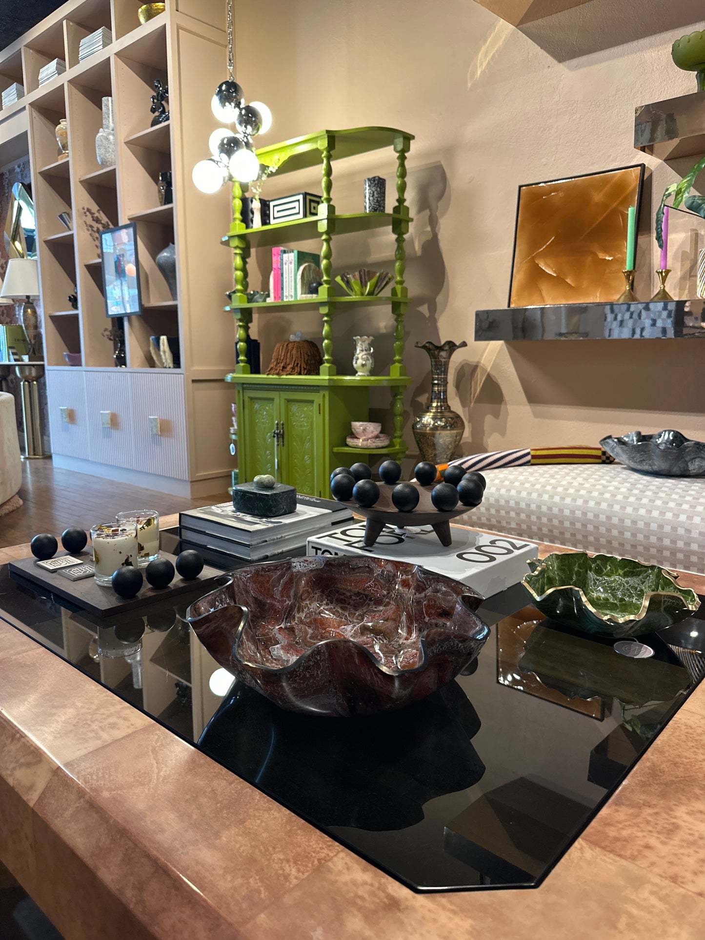 Small green gemstone resin bowl by The Vault Creative, featuring a smooth, glossy surface and intricate gemstone design.
