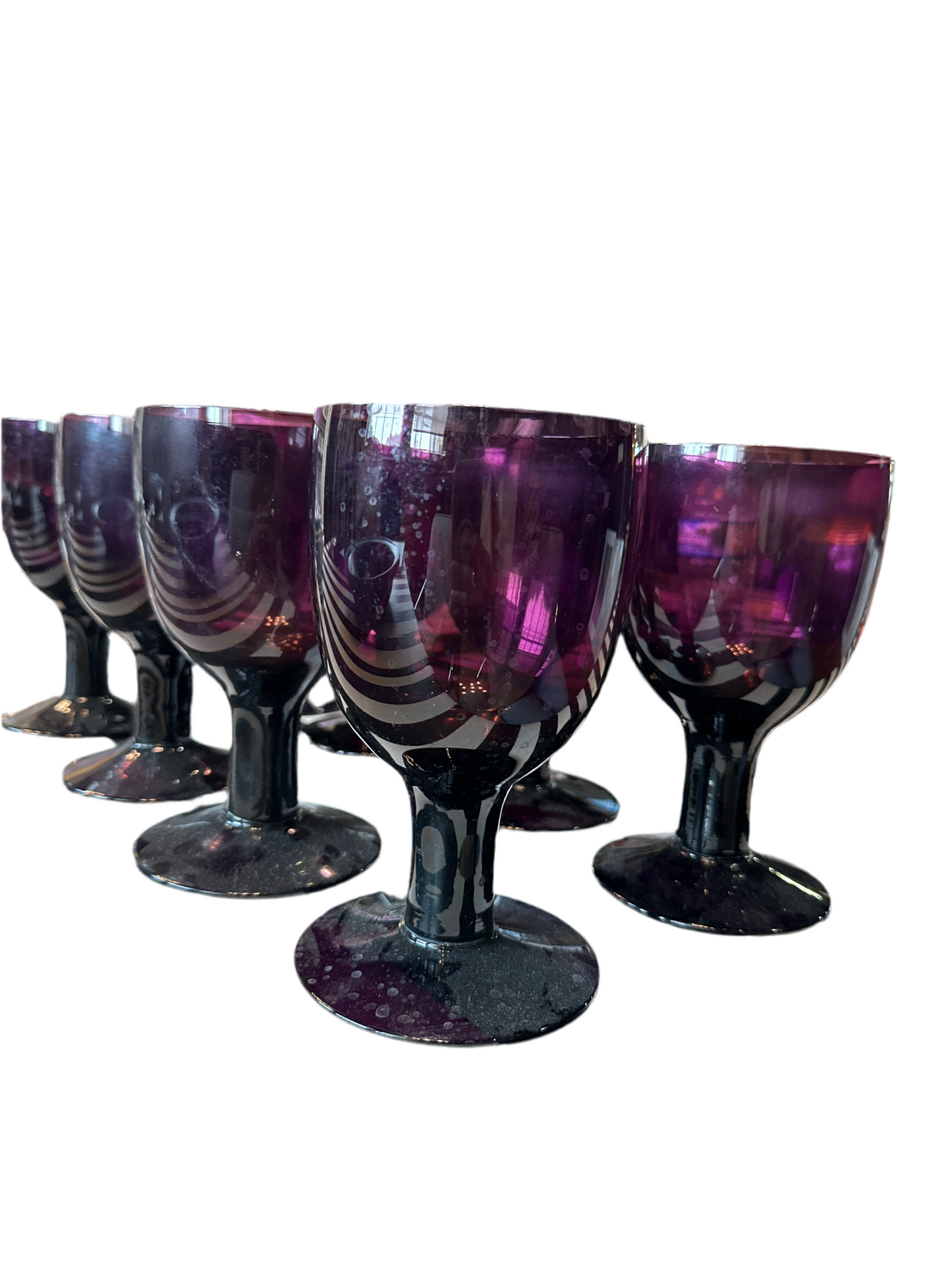 Set of Mid Century Polish Goblets by Ozmun Home, clear glassware with elegant rounded stems and vintage design details.