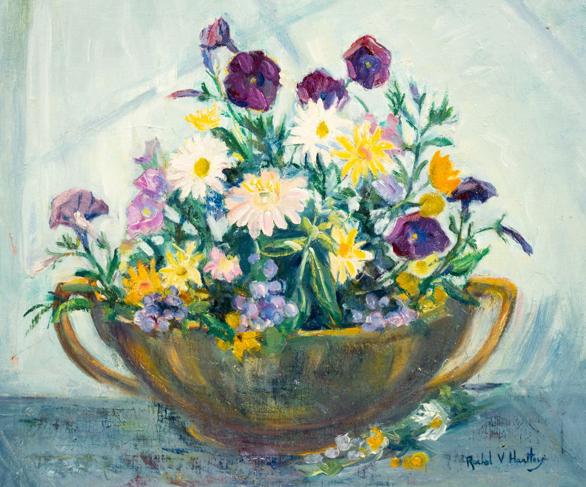 Framed Rachel V. Hartley floral still life artwork by Ozmun Home, featuring vibrant flowers in a decorative frame.