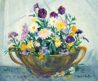 Framed Rachel V. Hartley floral still life artwork by Ozmun Home, featuring vibrant flowers in a decorative frame.