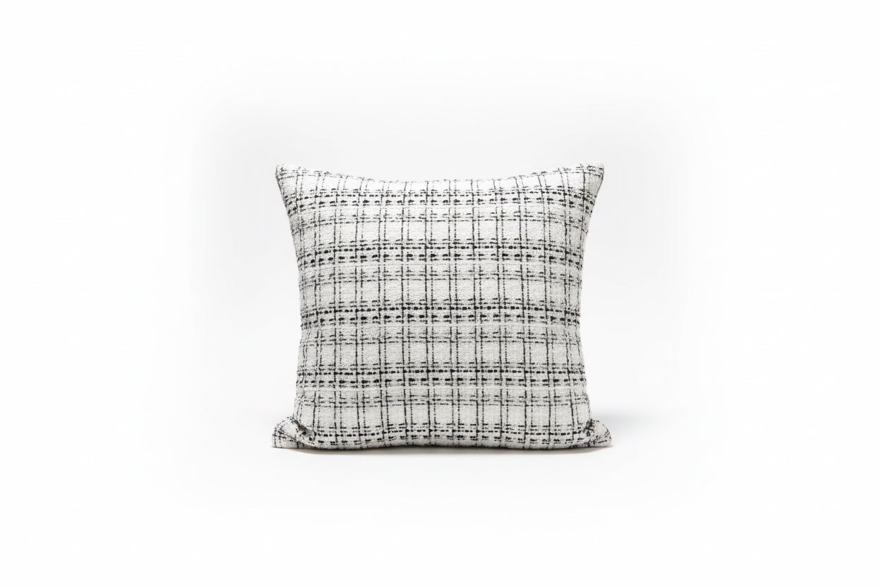 Black and white sparkle tweed pillow by The Vault Creative featuring a textured, shimmering fabric design.