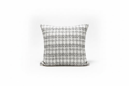 Black and white sparkle tweed pillow by The Vault Creative featuring a textured, shimmering fabric design.