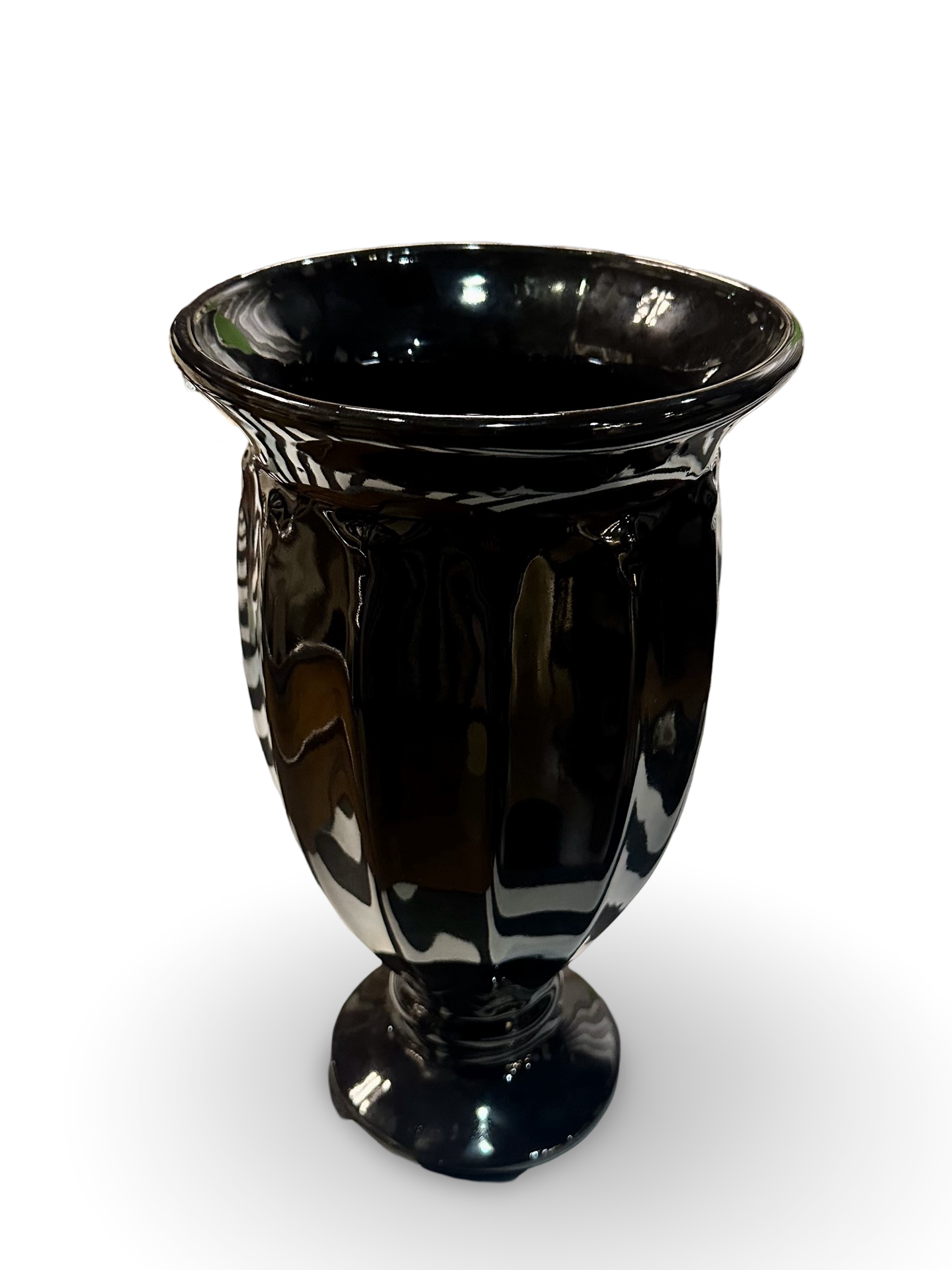 Ozmun Home Haeger black vase with a sleek, modern design, showcasing its smooth, matte surface and elegant shape.