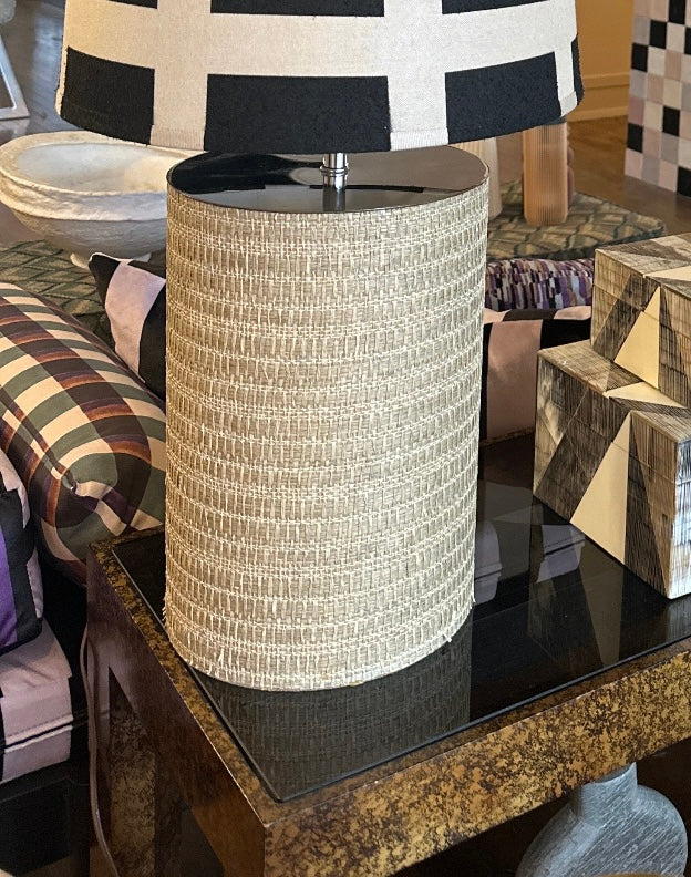 Vintage Grasscloth and Chrome Lamp by The Vault Creative, featuring a textured grasscloth shade and sleek chrome base.