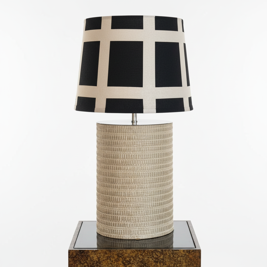 Vintage Grasscloth and Chrome Lamp by The Vault Creative, featuring a woven textured shade and sleek chrome base.
