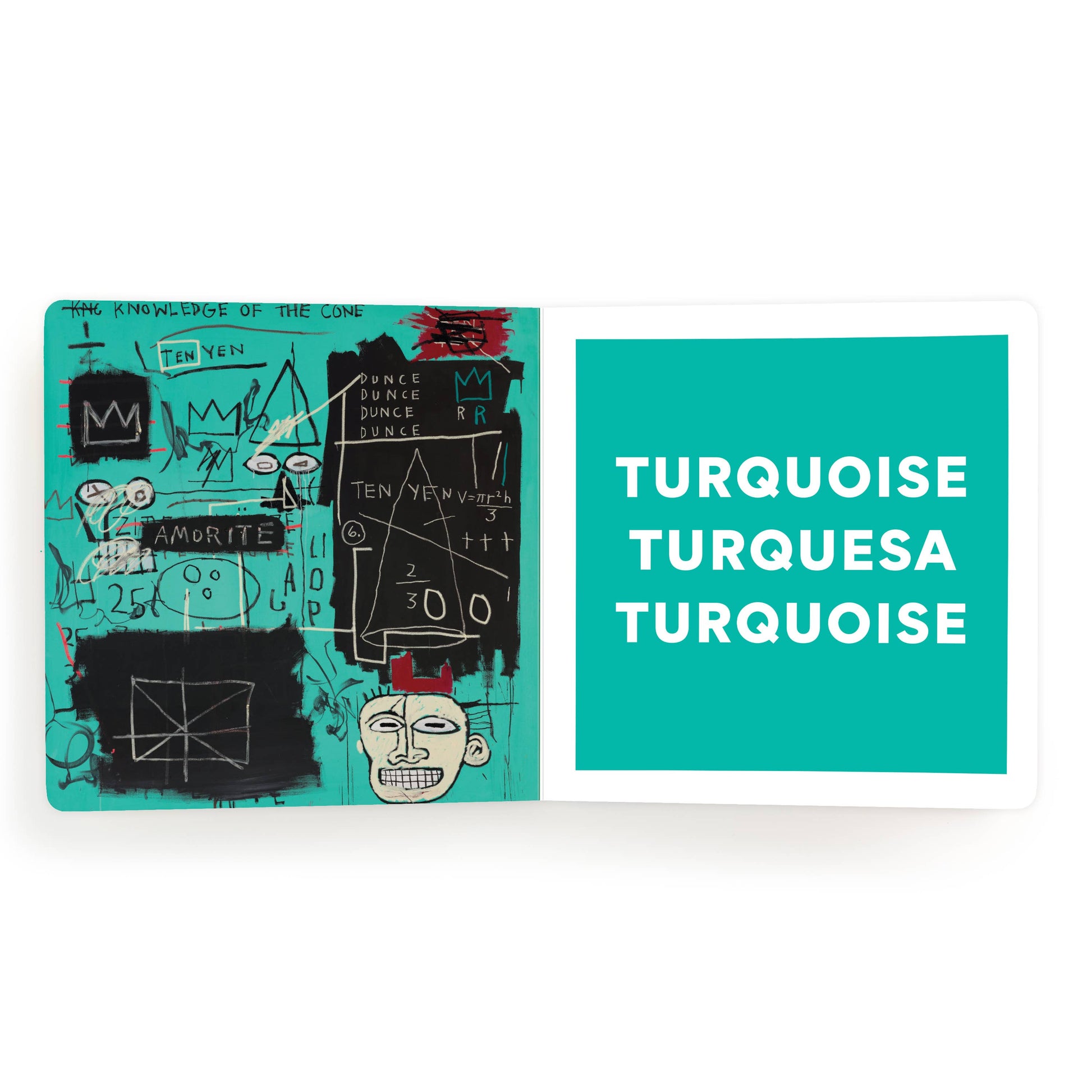 Colorful pages from the Basquiat Colors Board Book by Chronicle Books featuring vibrant artwork and engaging illustrations.