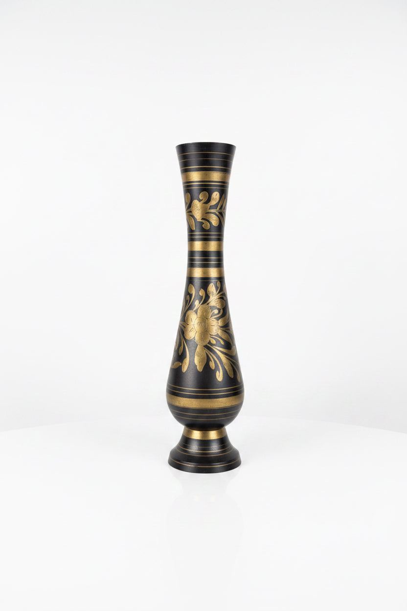 Vintage brass floral vase with intricate floral designs from The Vault Creative, featuring a classic, elegant appearance.