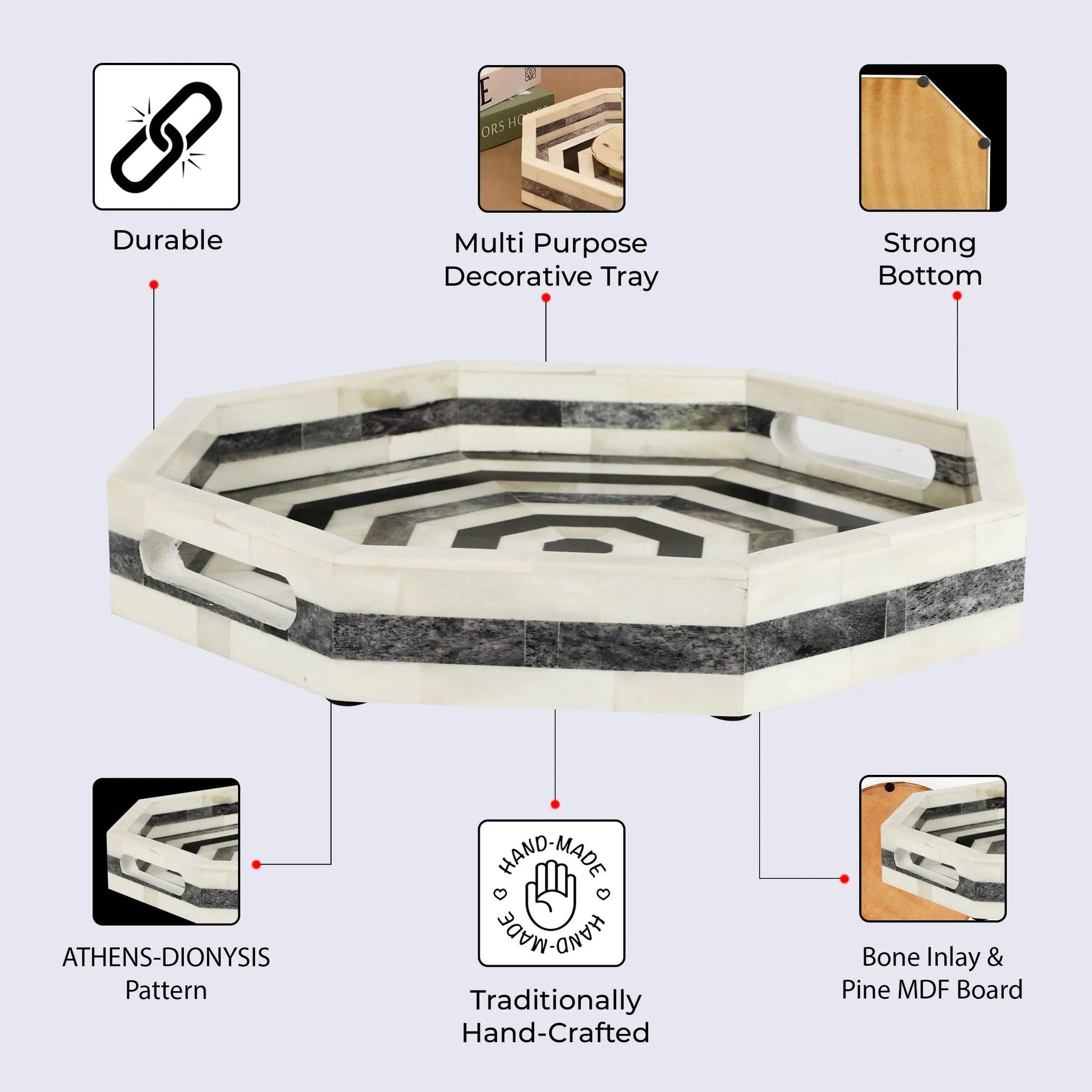 Bone inlay decorative tray Athens Dionysis by ST x OH, 12x12 inches, featuring intricate geometric patterns and a polished surface.