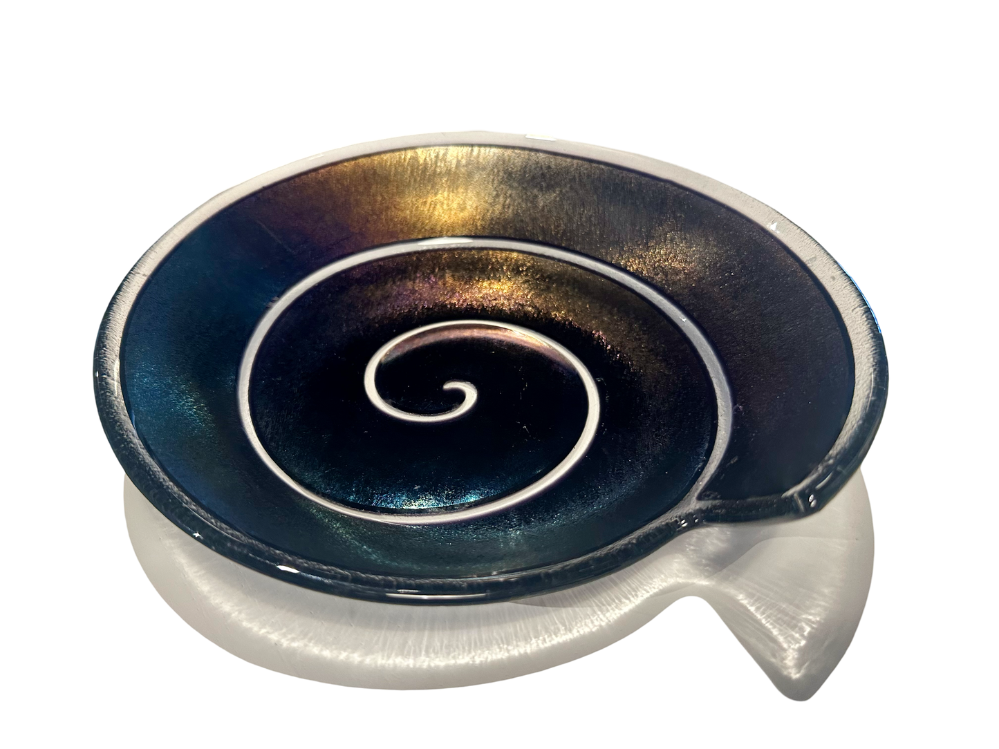 Swirly Carnival Glass Platter-shaped vase by Ozmun Home with colorful, swirling glass design on a clear glass base.