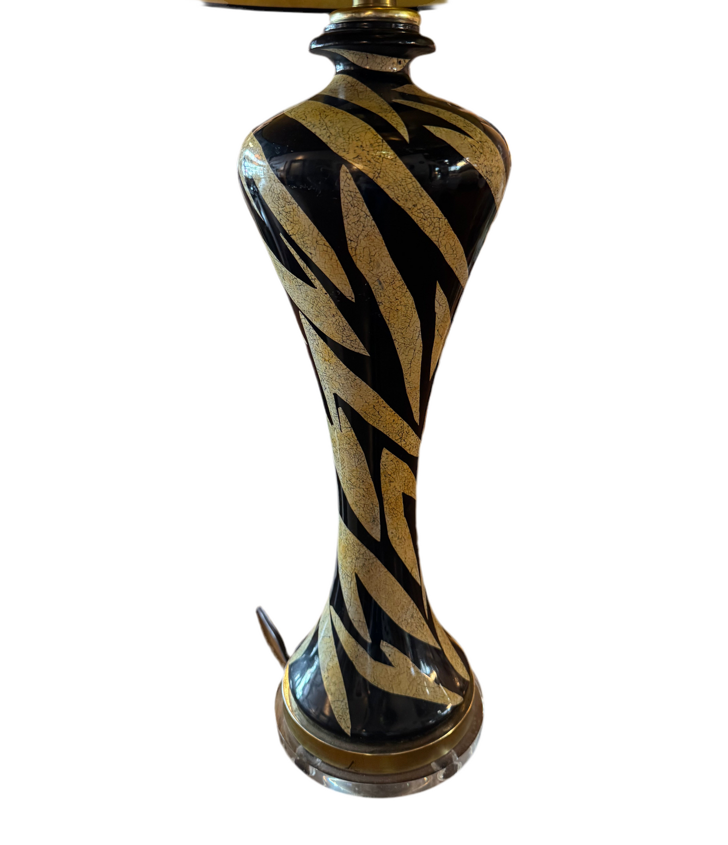 Tiger striped lamp by The Vault Creative with bold black and orange tiger pattern, modern table lamp design.