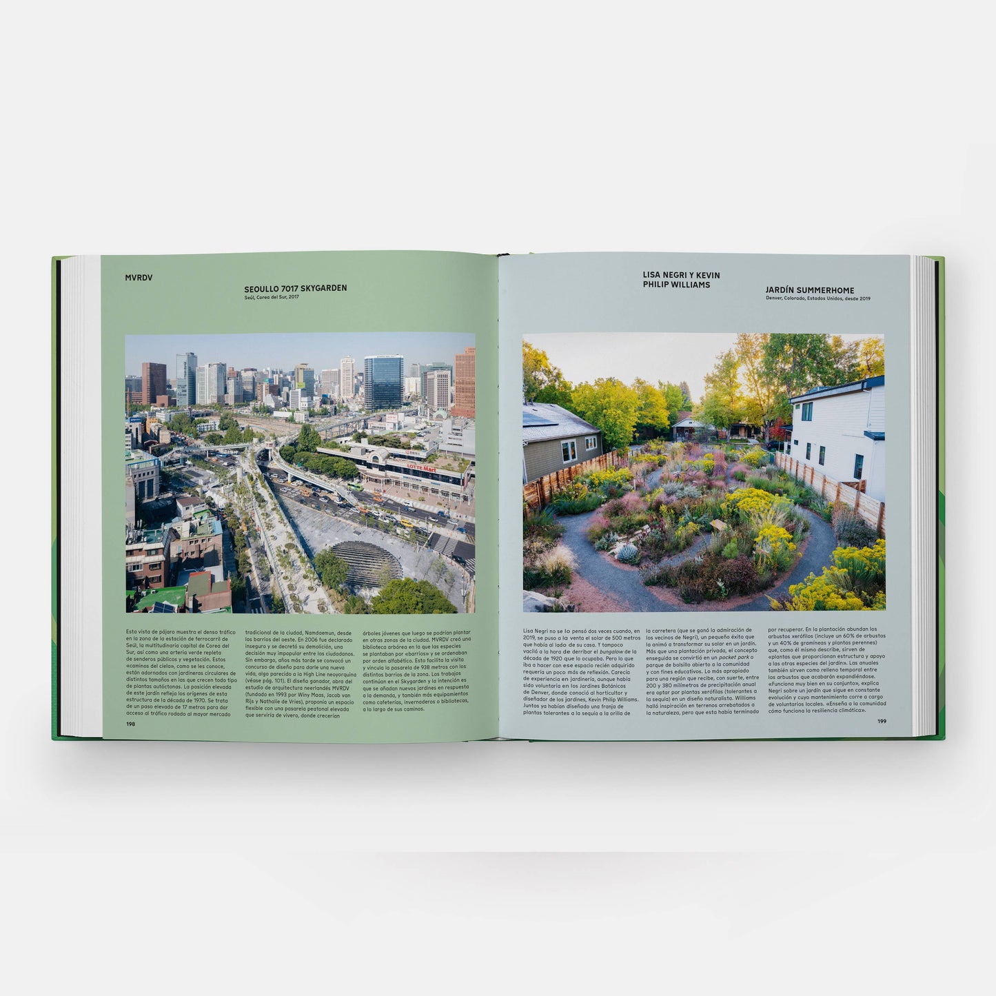 Open book titled "The Contemporary Garden" by Phaidon, showcasing colorful garden design and modern landscape photography.
