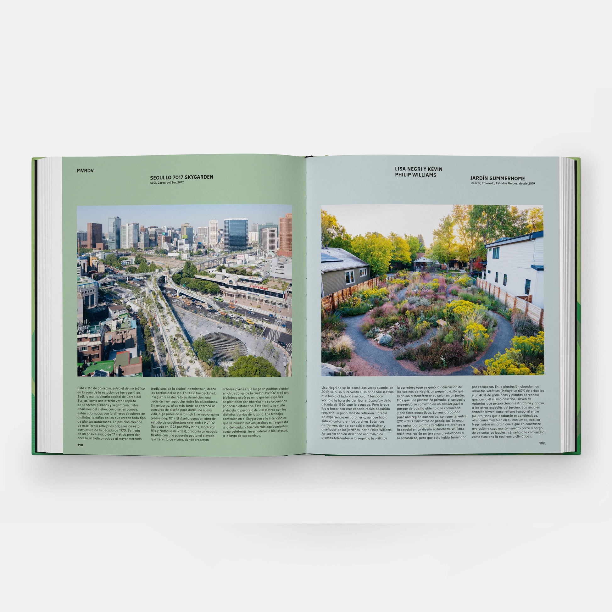 Open book titled "The Contemporary Garden" by Phaidon, showcasing colorful garden design and modern landscape photography.
