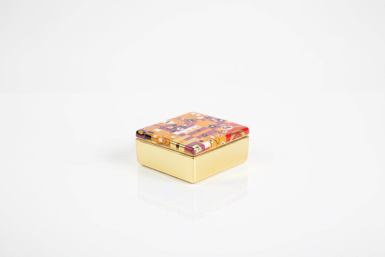 French Klimt gilt box with intricate gold and art nouveau design, crafted by The Vault Creative.