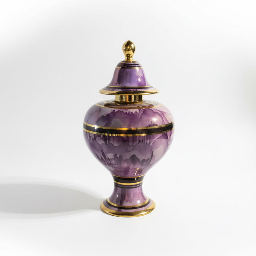 Purple watercolor vessel by The Vault Creative, ceramic art piece with a glossy finish and artistic watercolor design.