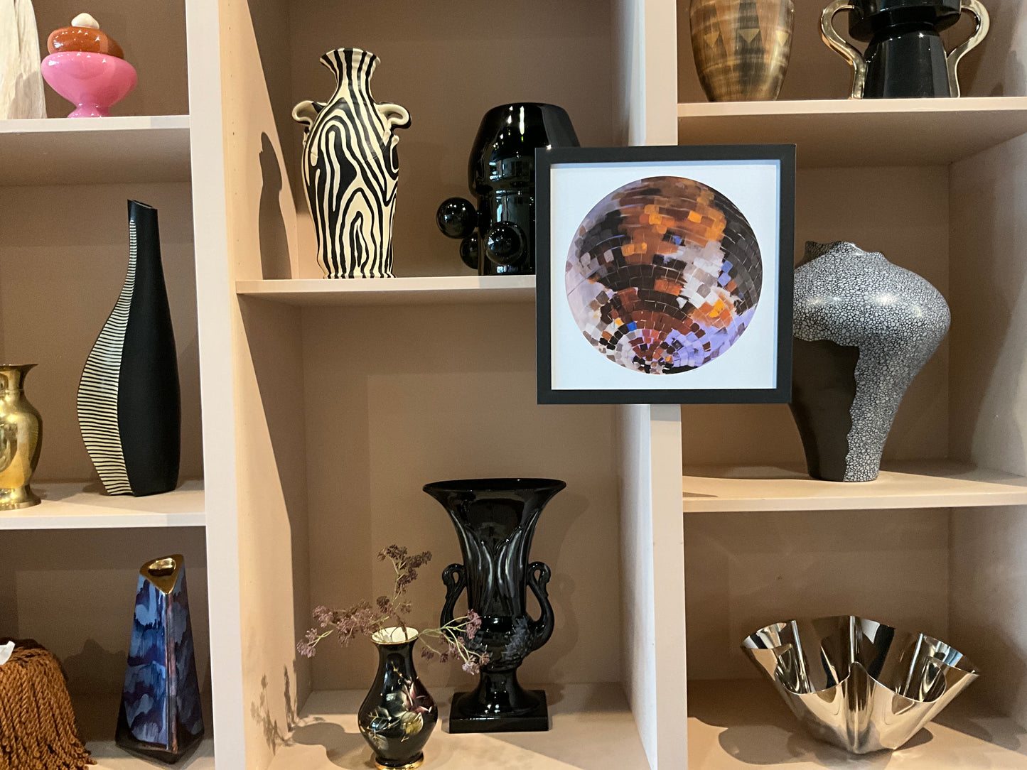Hand painted disco ball print art by Stone Textile Studio featuring vibrant, colorful abstract design on textured paper.