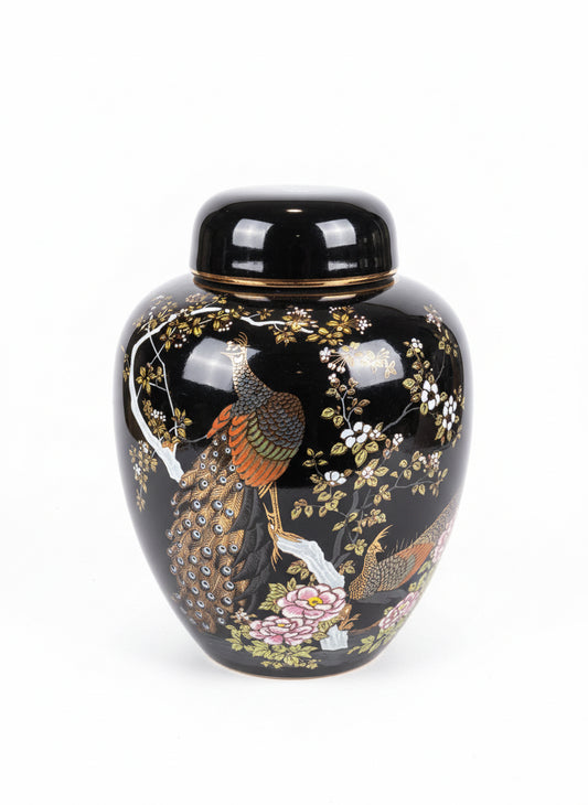 Porcelain peacock jar by The Vault Creative with detailed peacock design and elegant shape, decorative home accent piece.