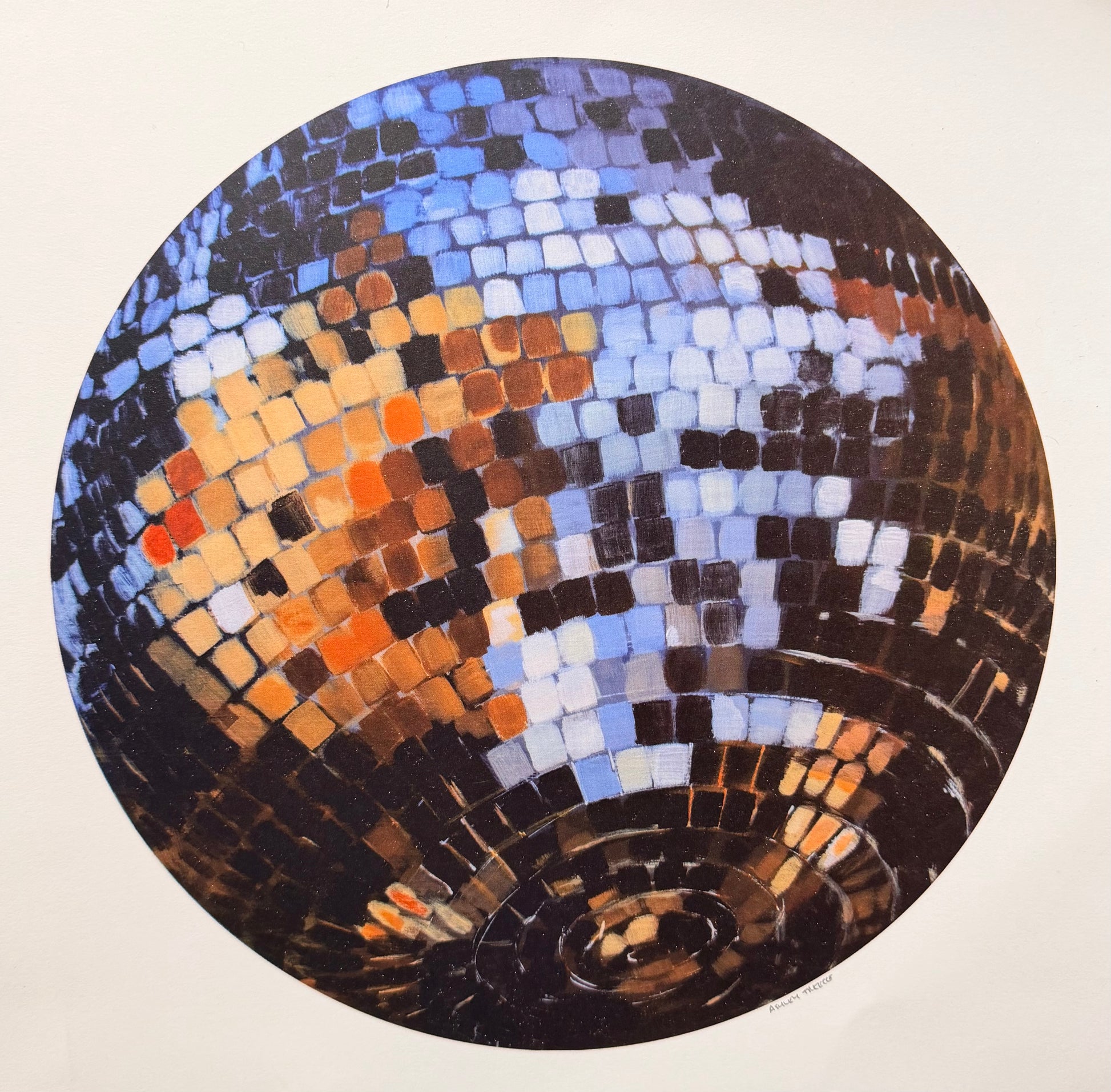 Hand-painted disco ball art print from Stone Textile Studio featuring vibrant, shimmering design on textured paper.