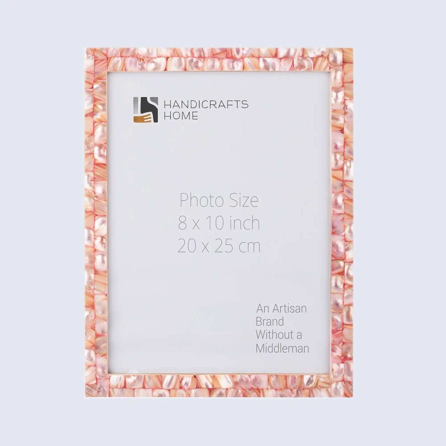 Pink mother of pearl picture frame in three sizes with intricate detailing, designed by Muqeem & Brothers.