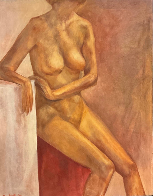 Nude woman painting by The Vault Creative, depicting an artistic figure in a creative studio setting with vibrant colors.