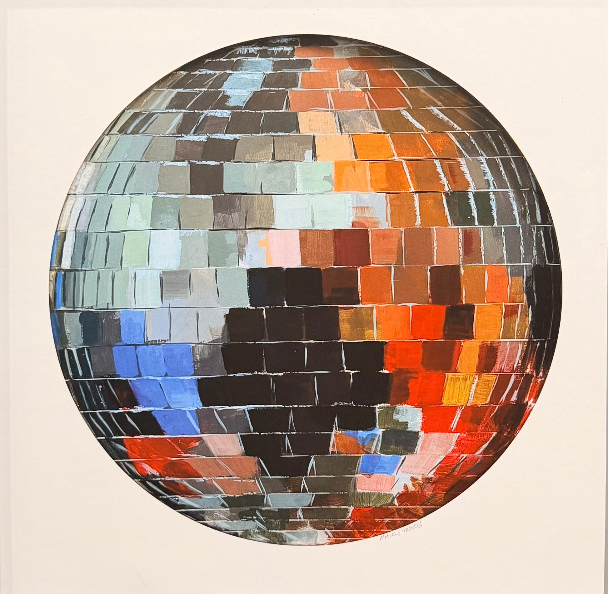 Hand painted disco ball print art by Stone Textile Studio featuring vibrant, reflective ball design on textured canvas.