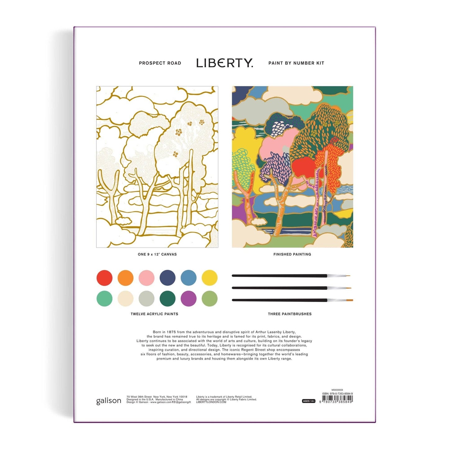 Liberty Prospect Road 9x12 paint by number kit with brushes and paints, featuring a scenic landscape illustration by Chronicle Books