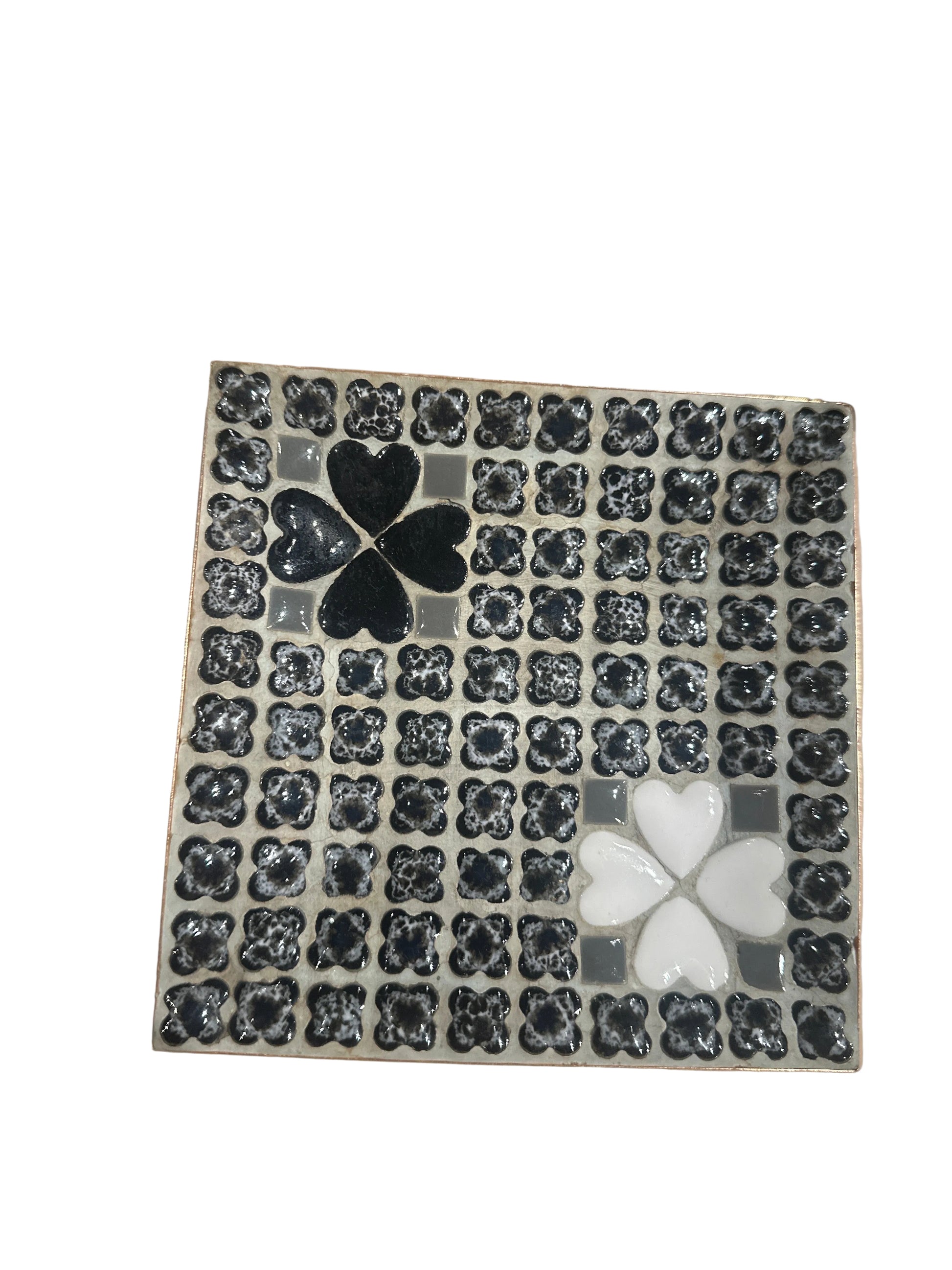 Black and white mosaic tabletop tray by The Vault Creative, featuring intricate vintage geometric tile patterns.