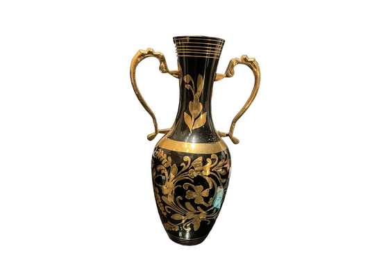 Vintage black and gold vase by The Vault Creative with ornate design and glossy finish, perfect for classic home decor.