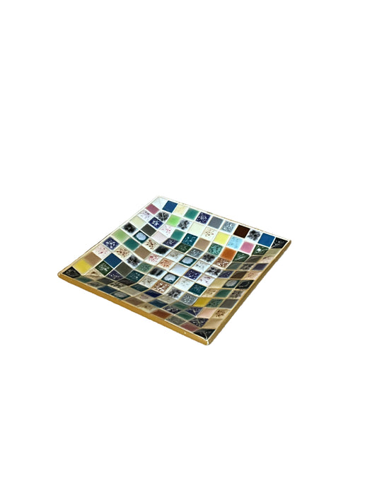 Multicolor vintage mosaic tile trivet or tray by The Vault Creative, featuring vibrant geometric patterns and handcrafted design.