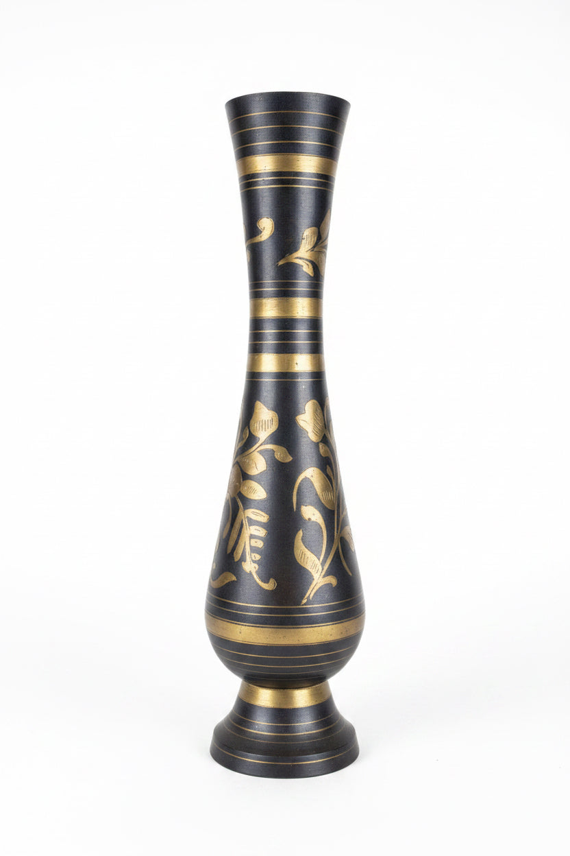 Vintage brass floral vase with intricate floral patterns, handcrafted by The Vault Creative, showcasing a classic, antique design.