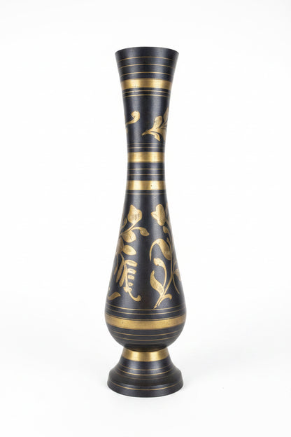 Vintage brass floral vase with intricate floral patterns, handcrafted by The Vault Creative, showcasing a classic, antique design.
