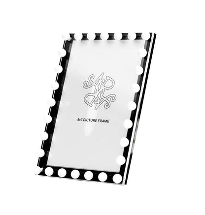 Black and white beaded photo frame by Allison Pearl Design showing intricate bead details and a rectangular shape.
