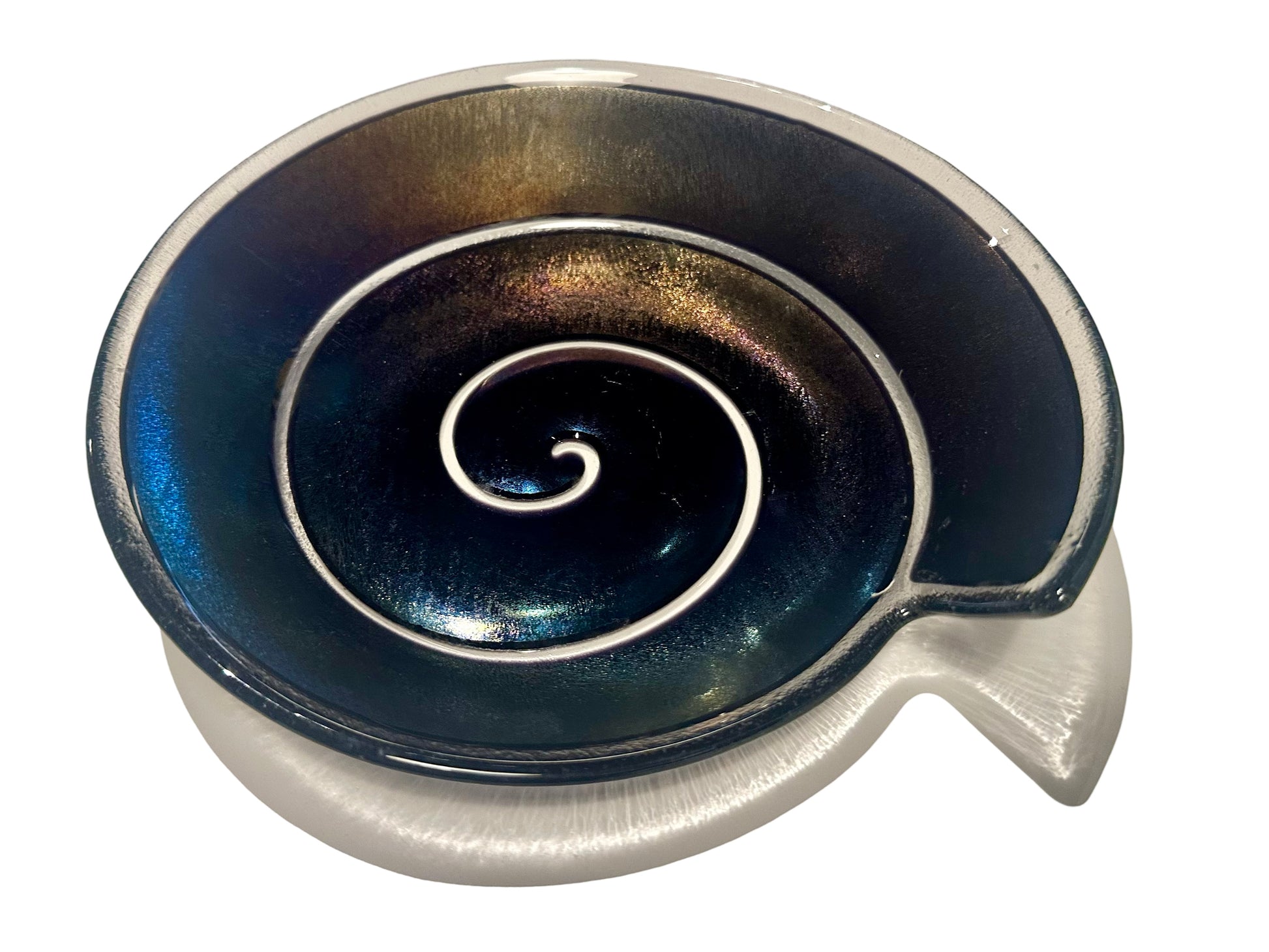 Swirly Carnival Glass Platter vase by Ozmun Home featuring vibrant, colorful swirling patterns in a decorative glass design.