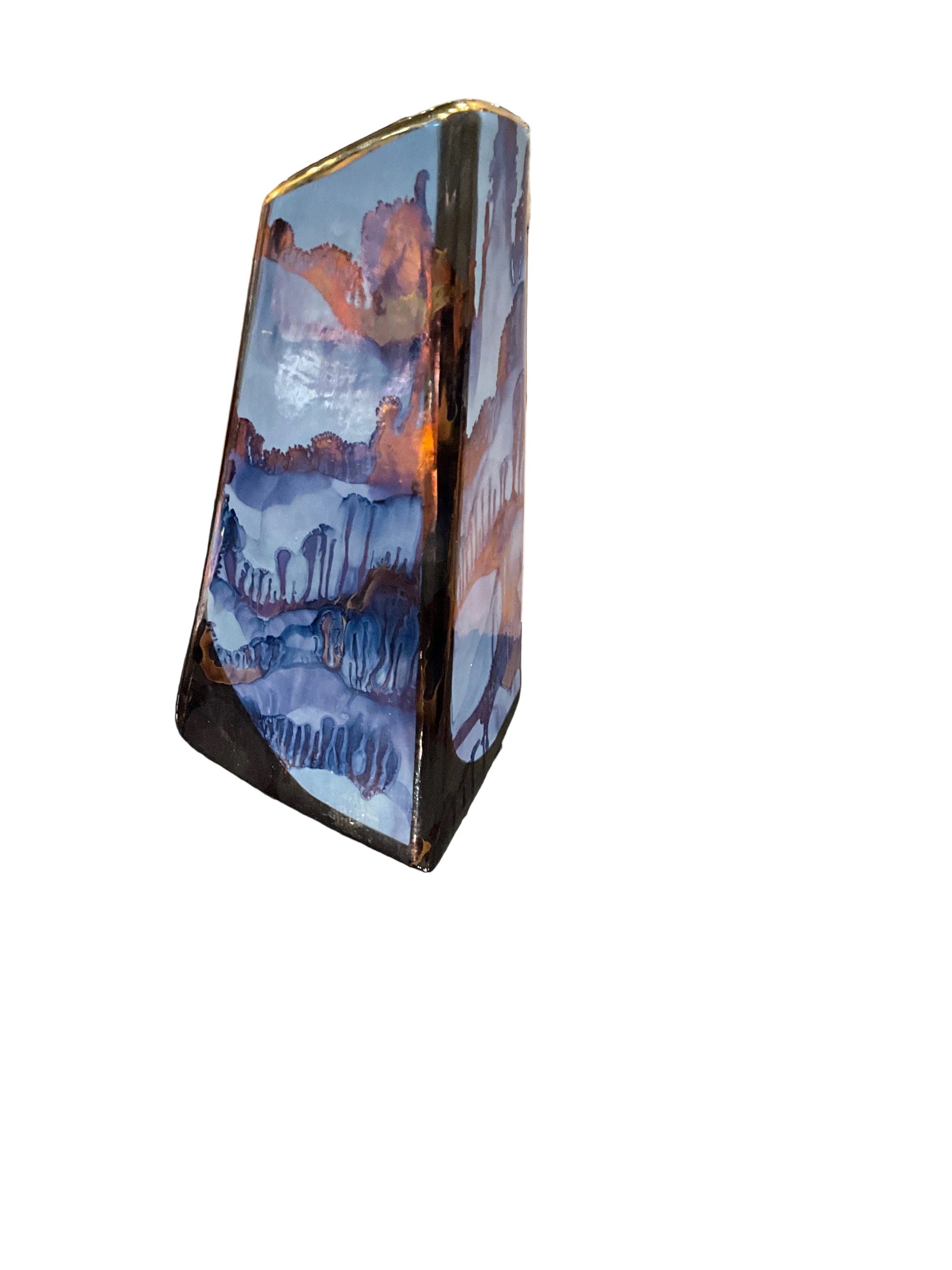 Purple blue and gold ceramic vase by The Vault Creative, featuring intricate design and glossy finish.
