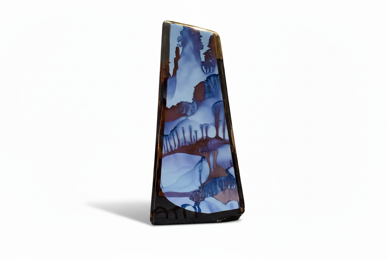Purple, blue, and gold decorative vase by The Vault Creative with intricate patterns and a glossy finish.