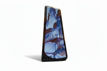 Purple, blue, and gold decorative vase by The Vault Creative with intricate patterns and a glossy finish.