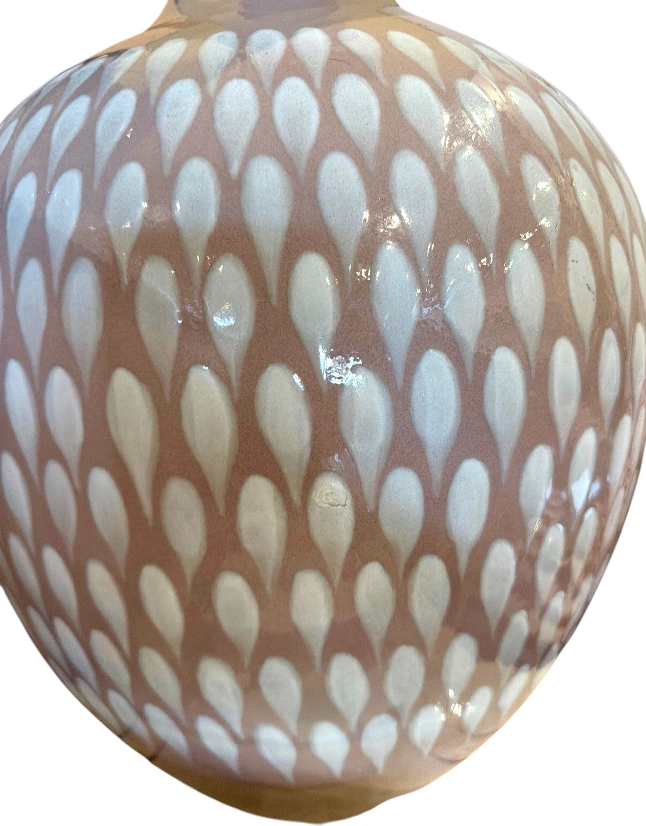 Dusty lavender 1970s-style lamp by The Vault Creative with a vintage ceramic base and fabric lampshade.