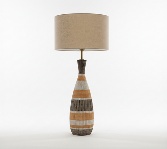 Neutral striped tall lamp by The Vault Creative with a modern design and elongated shape, suitable for contemporary home decor.