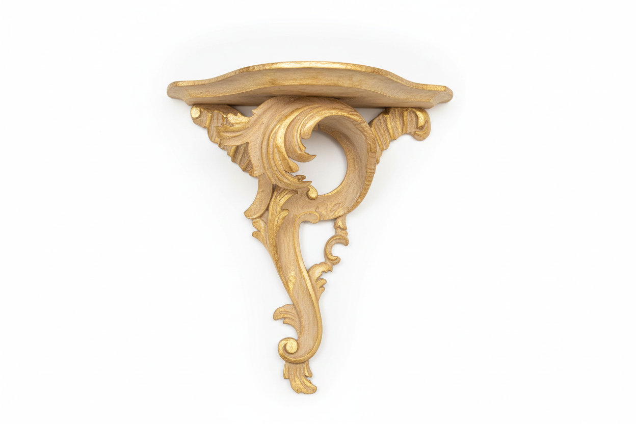Antique carved wooden shelf by The Vault Creative with intricate detailing and vintage design for classic interior decor.