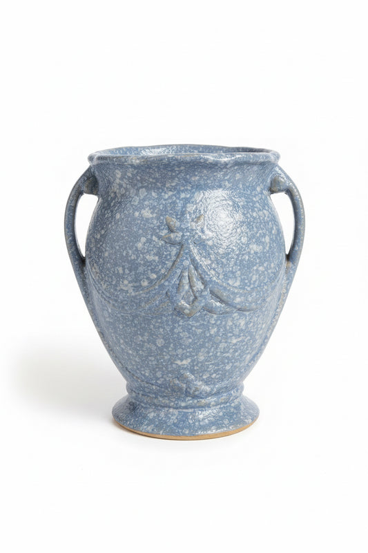 Periwinkle Spongeware vase by The Vault Creative with a rounded shape and hand-painted blue and white pattern.