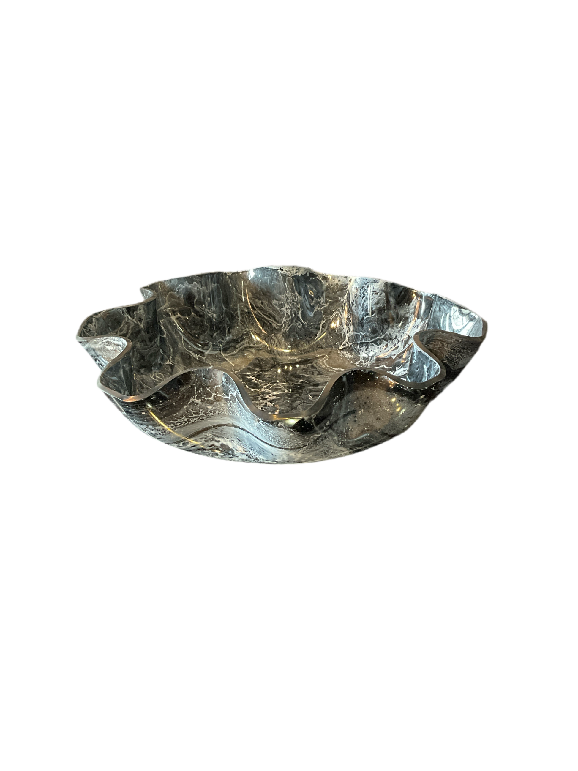 Big black gem stone resin bowl with a polished finish, crafted by Stone Textile Studio, showcasing a smooth, rounded design.