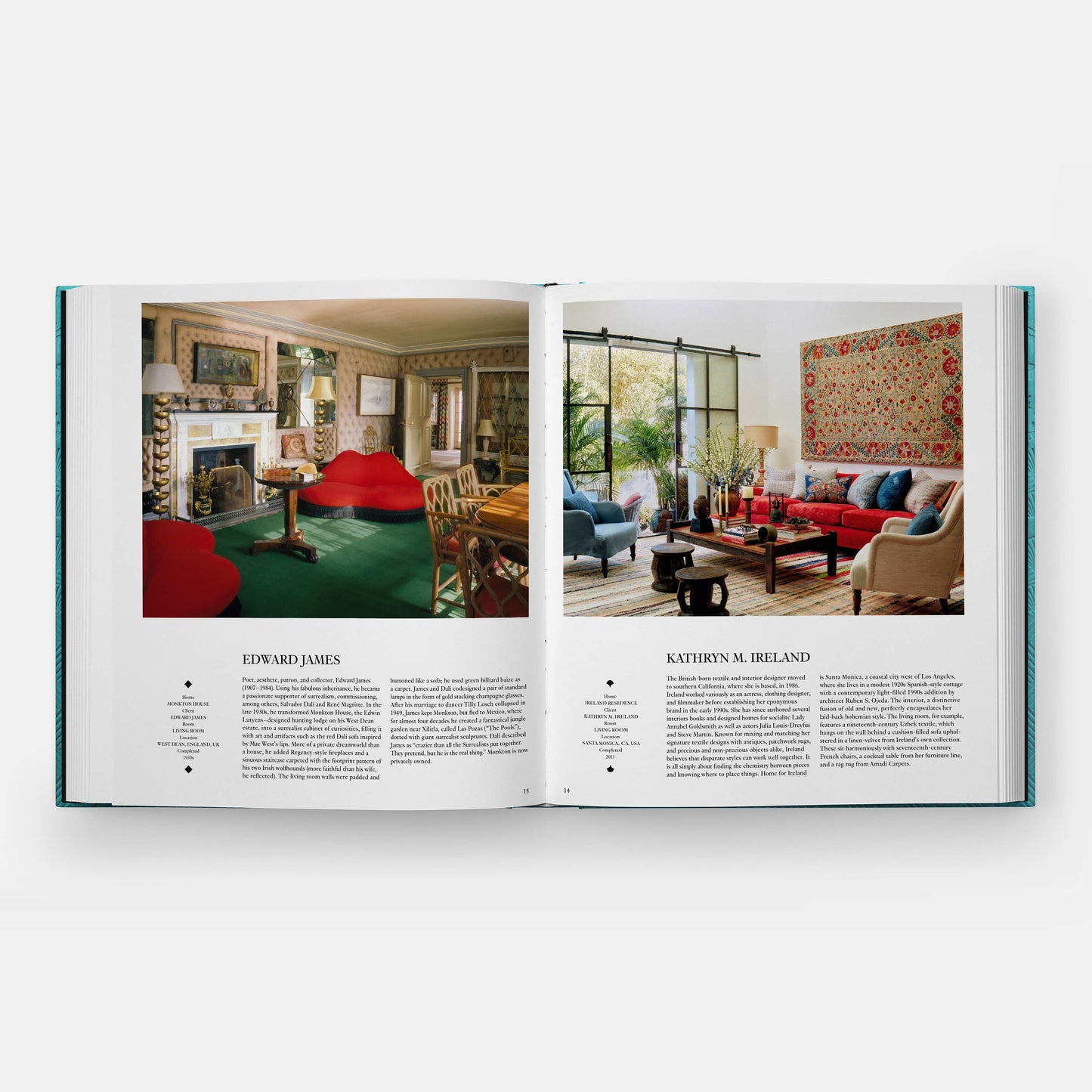 Sky blue cover of Phaidon Interiors: The Greatest Rooms of the Century book showing elegant interior design images