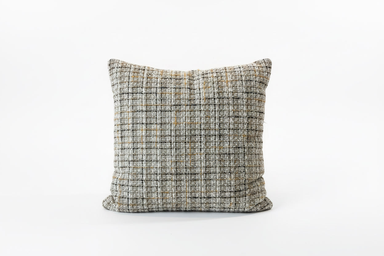 Camel and cream tweed pillow by The Vault Creative featuring textured fabric and classic design for cozy home decor.