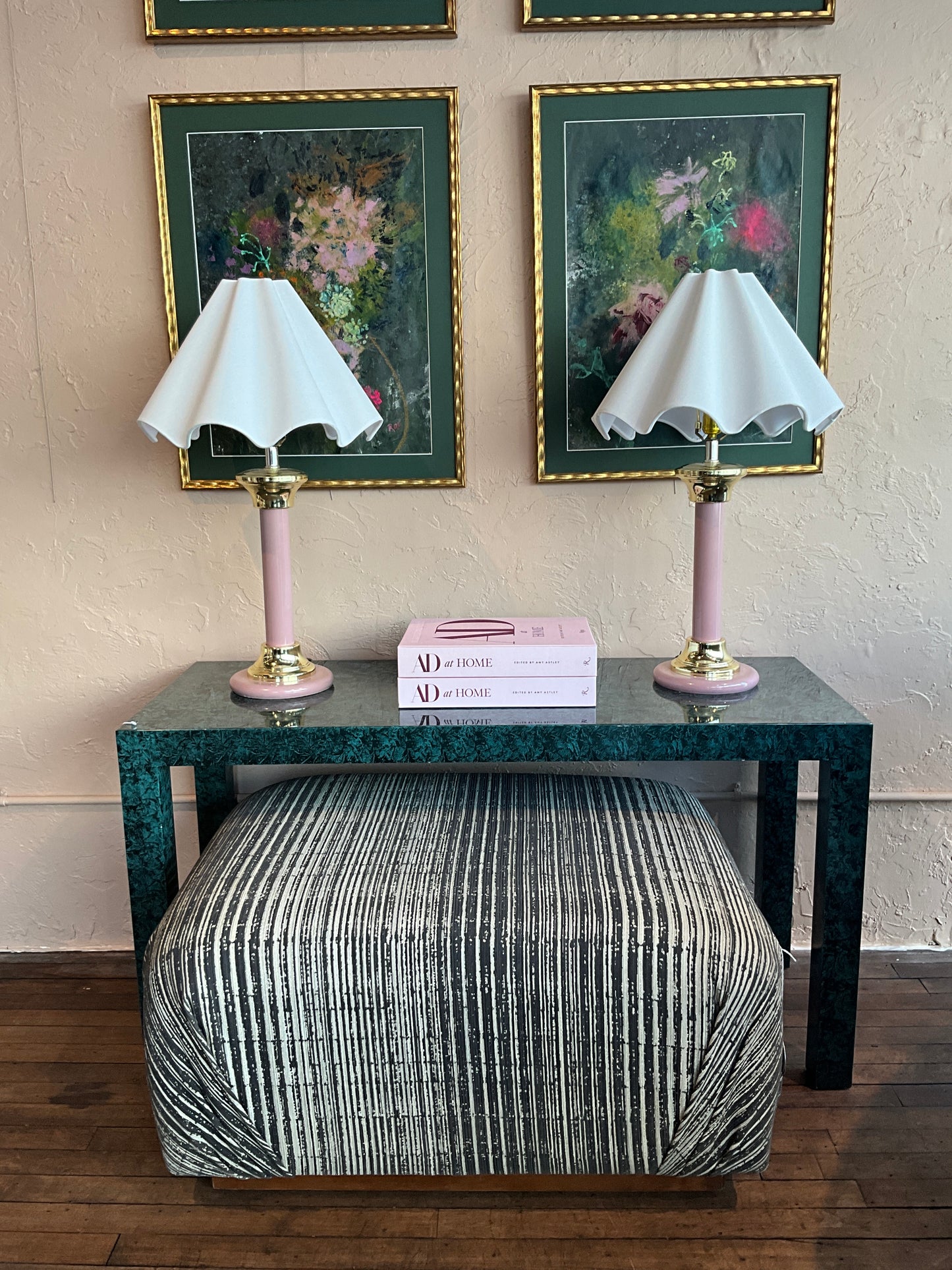 Vintage enamel lamp with scalloped shade by The Vault Creative, showcasing a classic retro lighting design with detailed enamel finish.